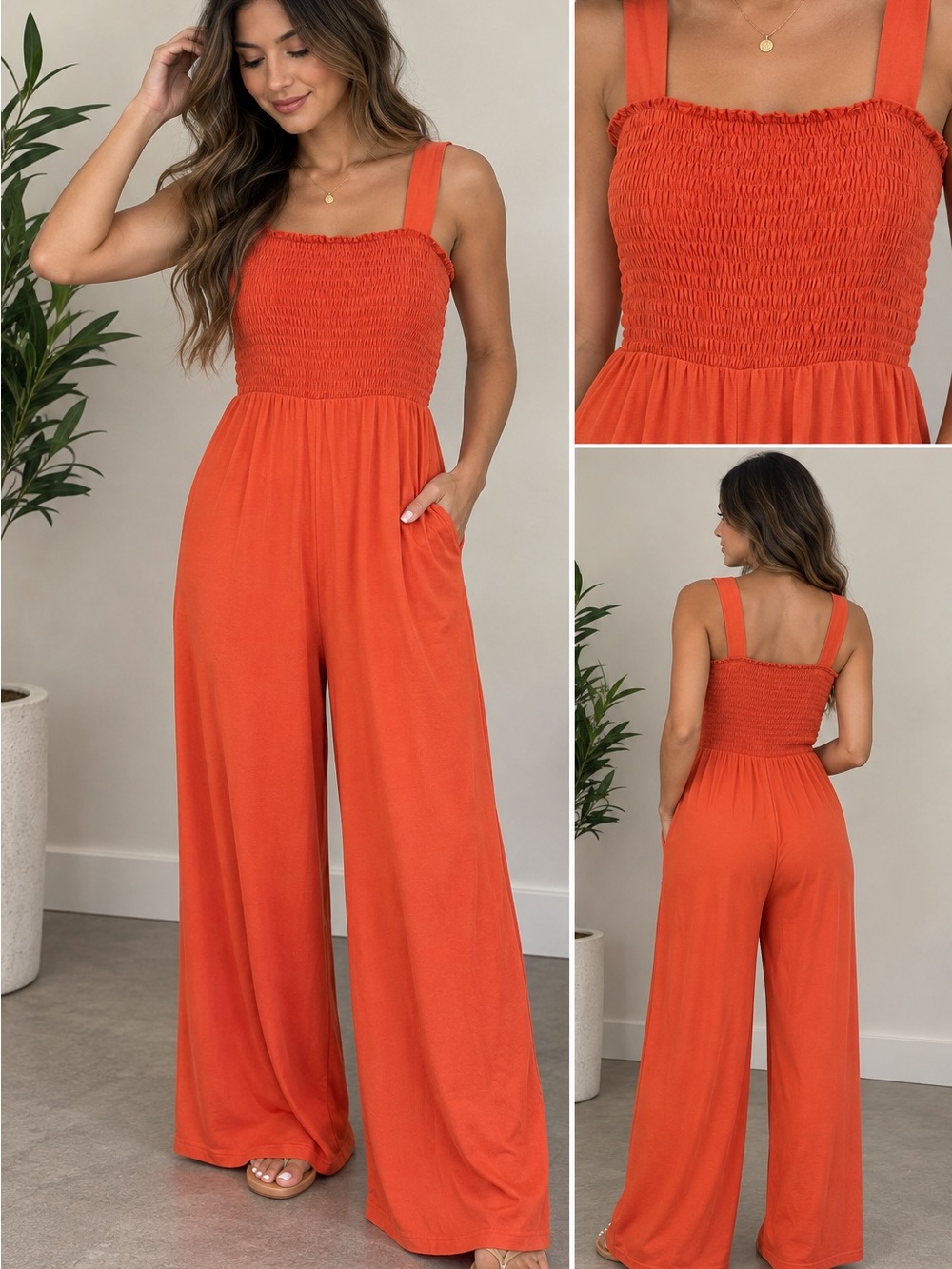 Smocked Wide-Leg Jumpsuit in Orange